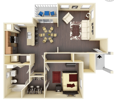 a 3d drawing of a house with a bedroom and a living room